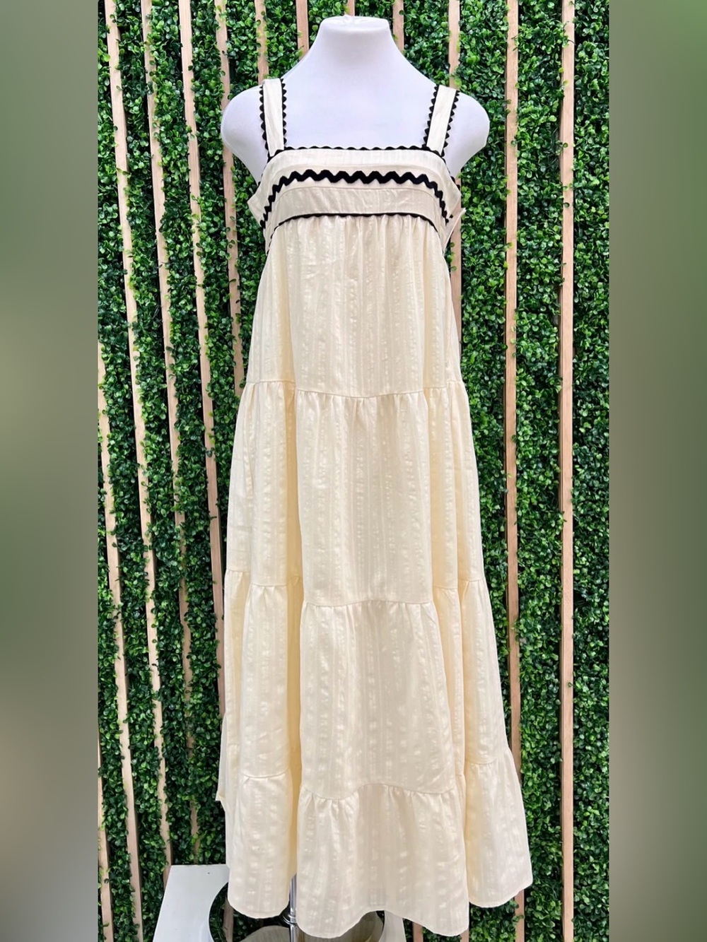 Cream Tiered Maxi Dress with Black Trim